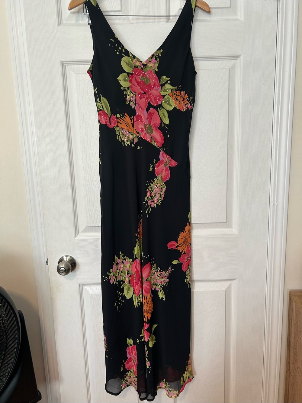 Vintage Black Maxi Gown with Pink & Green Floral Print